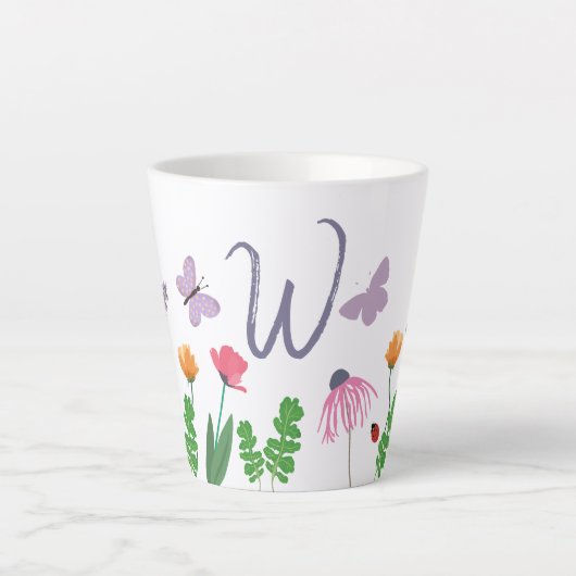 Tasse Latte Fleurs colorées et papillons Monogramme W (Devant)