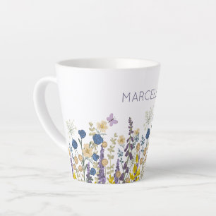 Tasse Latte Fleurs colorées et papillons Nom personnalisé