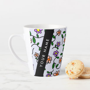 Tasse Latte Fleurs Colorées, Fond Bleu, Noir
