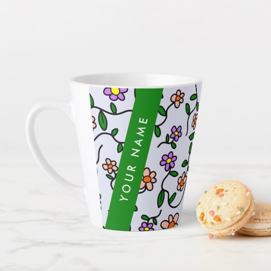Tasse Latte Fleurs Colorées, Fond Bleu, Vert (En situation)