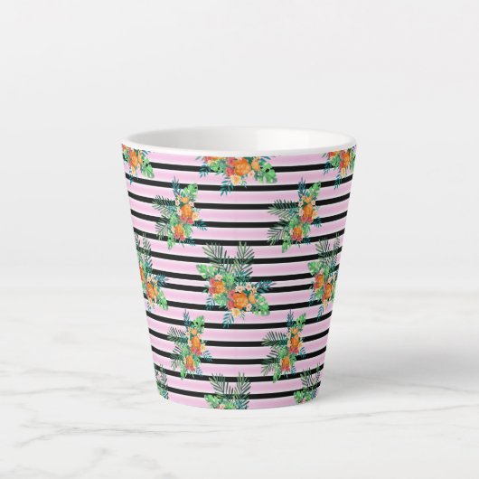 Tasse Latte Fleurs de rayures noires et roses (Devant)