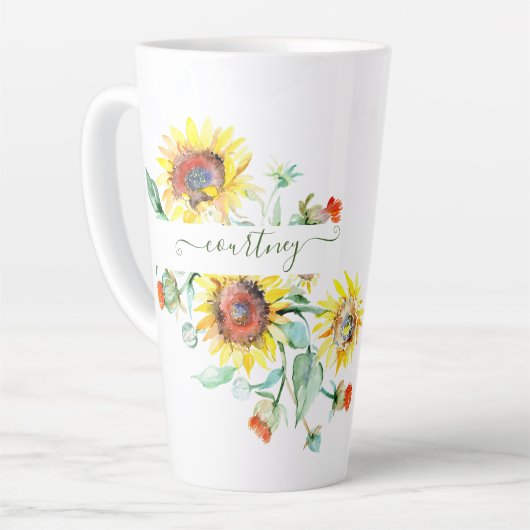 Tasse Latte Fleurs de soleil aquarelles personnalisées (Angle gauche)