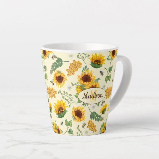 Tasse Latte Fleurs de soleil jaunes et abeilles de miel Custom (Angle droit)