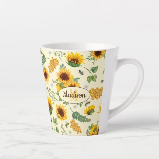 Tasse Latte Fleurs de soleil jaunes et abeilles de miel Custom (Droite)