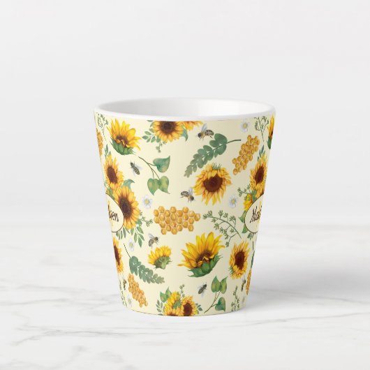 Tasse Latte Fleurs de soleil jaunes et abeilles de miel Custom (Devant)
