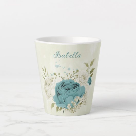 Tasse Latte fleurs de verdure blanches bleues (Devant)