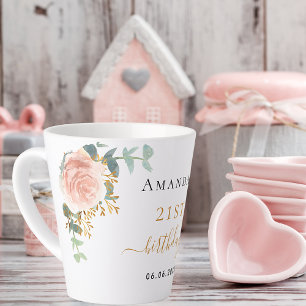 Tasse Latte Fleurs d'or rose d'anniversaire eucalyptus nom