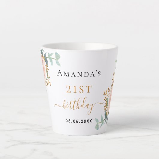 Tasse Latte Fleurs d'or rose d'anniversaire eucalyptus nom (Devant)