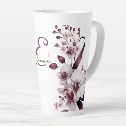 Tasse Latte Fleurs d'orchidées blanches délicates Monogramme (Angle droit)
