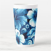 Tasse Latte Fleurs hawaïennes tropicales Hibiscus Motif bleu (Devant)