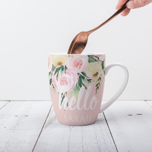 Tasse Latte Fleurs Pastel Rose Moderne Bonjour Et Vous Nom