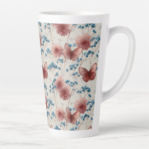Tasse Latte Fleurs printanières vintage et papillons roses