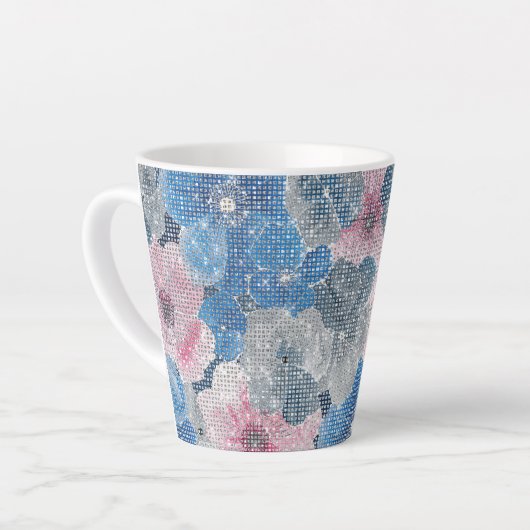 Tasse Latte Fleurs roses bleues scintillent (Angle gauche)