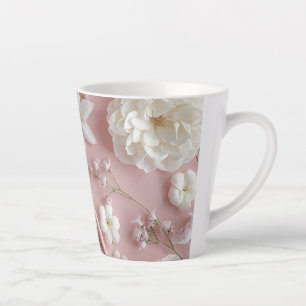 Tasse Latte Fleurs roses et blanches & Papillons