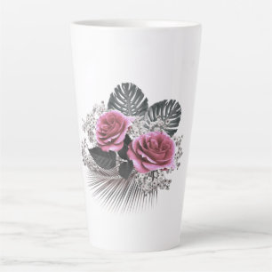 Tasse Latte Fleurs roses Feuilles tropicaux