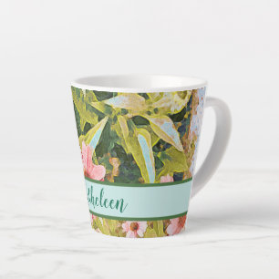 Tasse Latte Fleurs roses Feuilles verts Nom Personnaliser