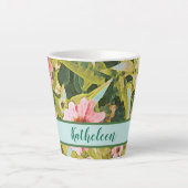 Tasse Latte Fleurs roses Feuilles verts Nom Personnaliser (Devant)