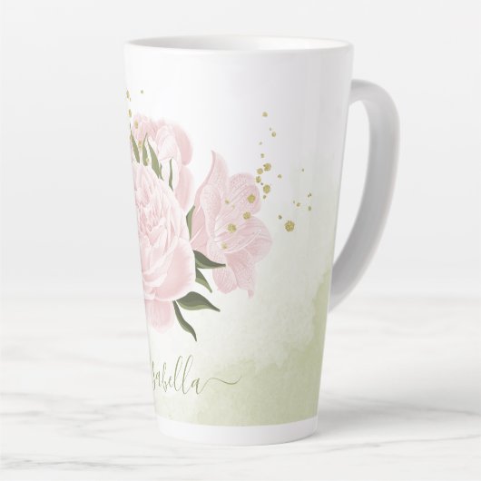 Tasse Latte fleurs roses romantiques verdure (Angle droit)
