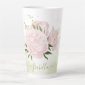 Tasse Latte fleurs roses romantiques verdure (Devant)
