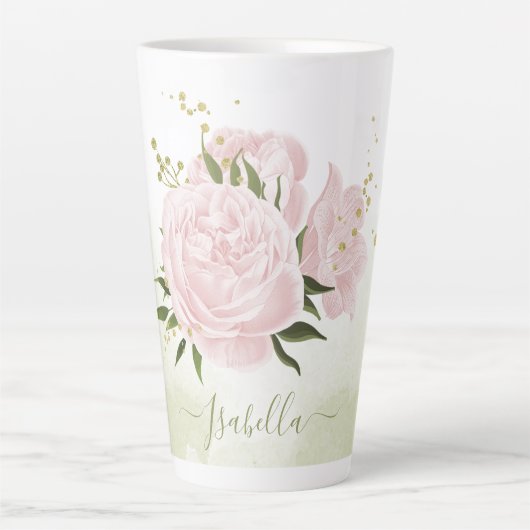 Tasse Latte fleurs roses romantiques verdure (Devant)