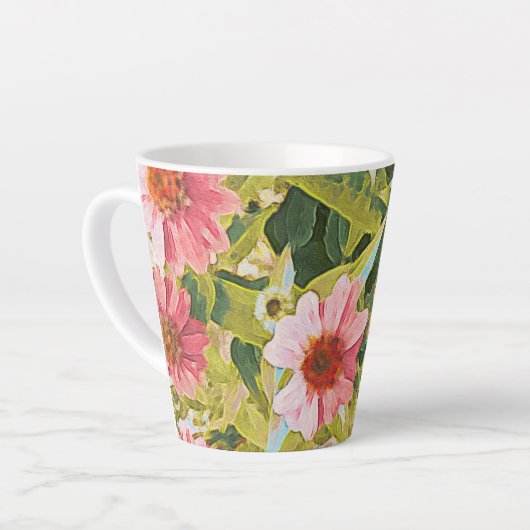 Tasse Latte Fleurs roses Vert Feuille Art original (Angle gauche)