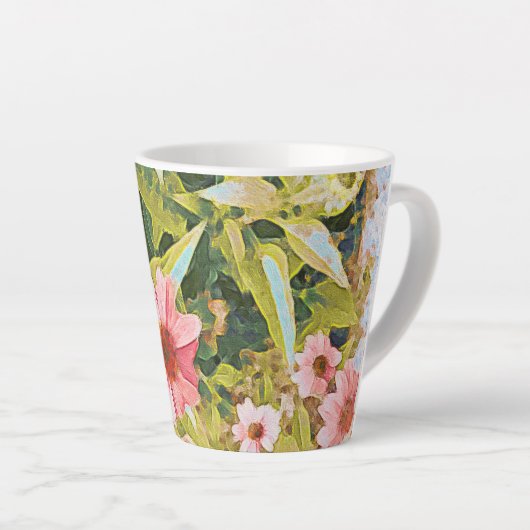 Tasse Latte Fleurs roses Vert Feuille Art original (Angle droit)