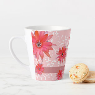 Tasse Latte Fleurs Rouges Fantaisistes Feuilles Tourbillonnant