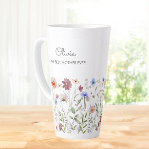 Tasse Latte Fleurs sauvages colorées à l'aquarelle avec monogr