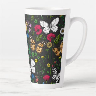 Tasse Latte Fleurs sauvages et papillons sur le noir