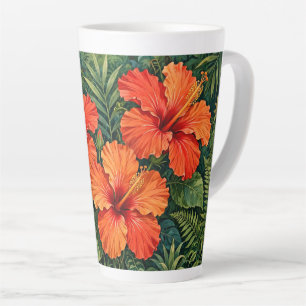Tasse Latte Fleurs tropicales de jungle d'hibiscus orange luxu