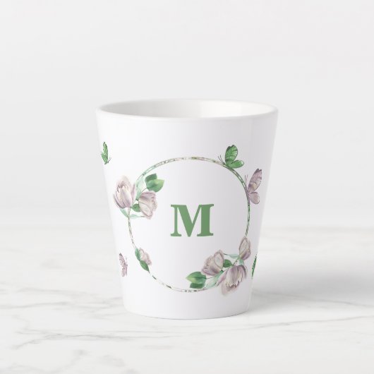 Tasse Latte fleurs violettes verdure papillons (Devant)