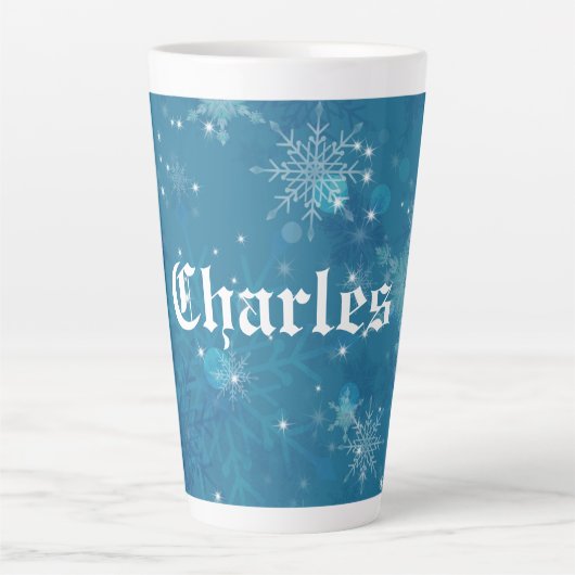 Tasse Latte Flocon de neige bleu hiver Personnalisé (Devant)