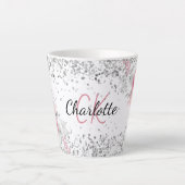 Tasse Latte Flores rose argent élégant nom monogramme (Devant)