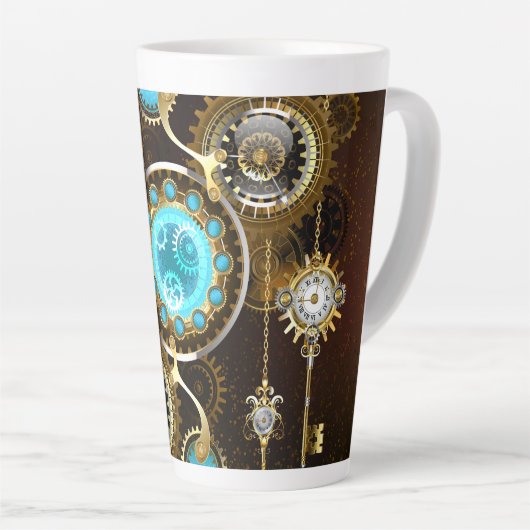 Tasse Latte Fond rouillé Steampunk avec verres turquoise (Angle droit)