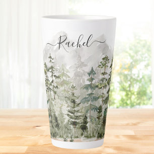 Tasse Latte Forêt de pins verts sur une montagne en aquarelle 