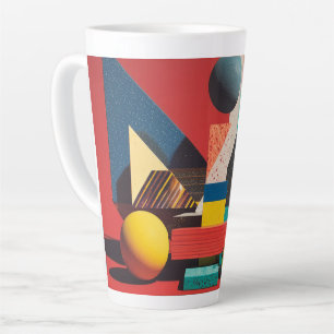 Tasse Latte Formes Géométriques Colorées sur Fond Rouge
