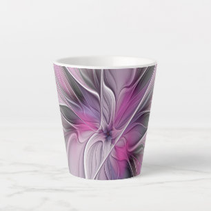 Tasse Latte Fractal Floral Moderne Abstrait Fleur Rose Gris