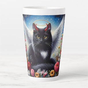 Tasse Latte Funny Long Haired Black Demon et Angel Cat