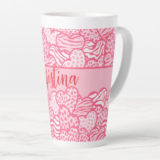 Tasse Latte Girly Blush Rose mignon Animal Imprimer Coeurs Nom (Angle droit)