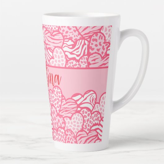 Tasse Latte Girly Blush Rose mignon Animal Imprimer Coeurs Nom (Droite)