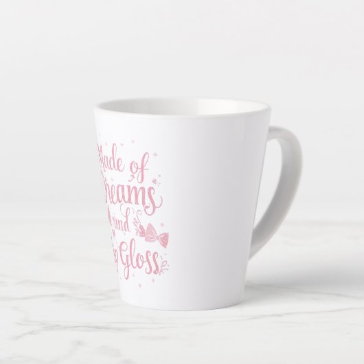 Tasse Latte Girly Pink Bow "Dreams and Lip Gloss" Quote (Angle droit)