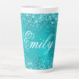 Tasse Latte Glitterie personnalisée Turquoise Blue Foil