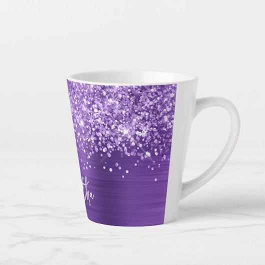 Tasse Latte Glittery Amethyst Purple Glam Nom du script (Droite)