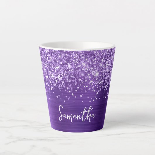 Tasse Latte Glittery Amethyst Purple Glam Nom du script (Devant)
