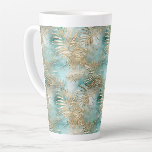 Tasse Latte Gold Aqua White Feuilles tropicaux (Angle gauche)