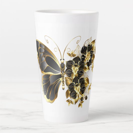 Tasse Latte Gold flower Butterfly with Black Orchid (Devant)