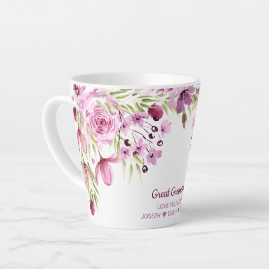 Tasse Latte Grandma Fleurs roses et violettes (Angle gauche)