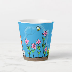 Tasse Latte Grenouille mignonne et abeille dans le jardin dess