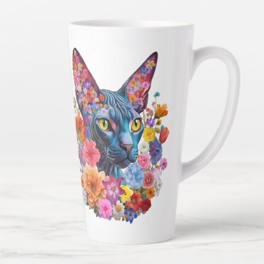 Tasse Latte Hairless Sphynx Cat Art Floral (Droite)