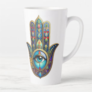 Tasse Latte Hamsa bleu royal or avec troisième œil turquoise